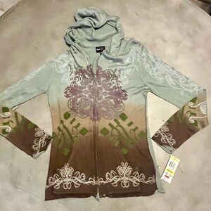 NWT Boho Mandala Print Lightweight Zippered Hoodie-Sage Khaki Purple